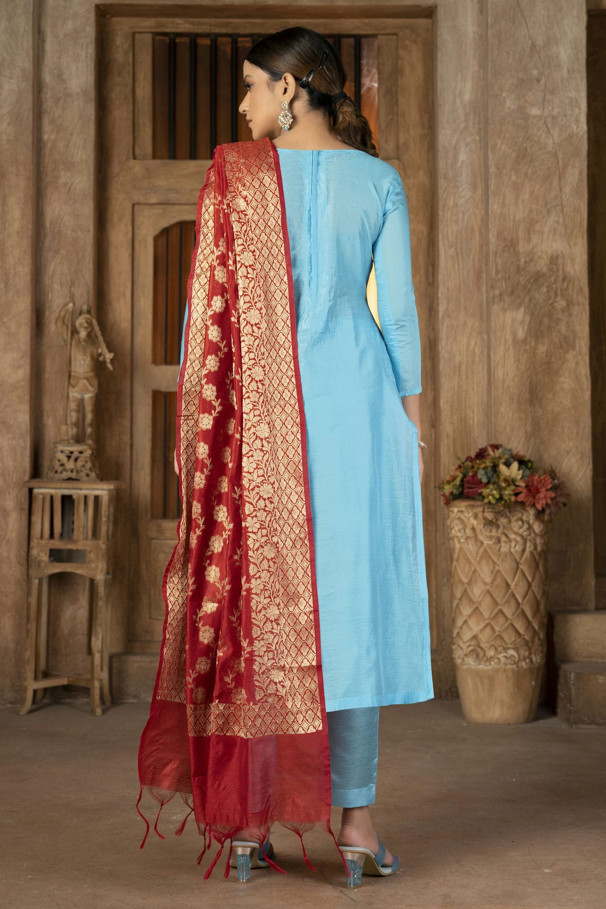 Sky Blue Colour Unstitched Banarasi Jacquard Pant Style Suit