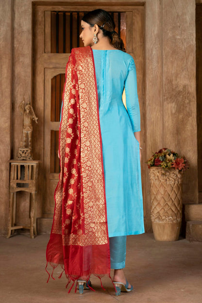 Sky Blue Colour Unstitched Banarasi Jacquard Pant Style Suit