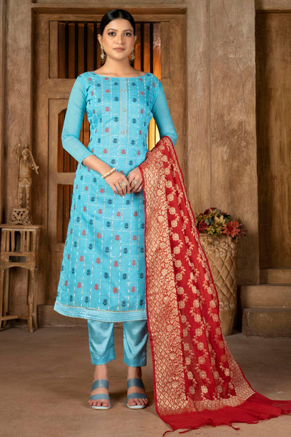 Sky Blue Colour Unstitched Banarasi Jacquard Pant Style Suit