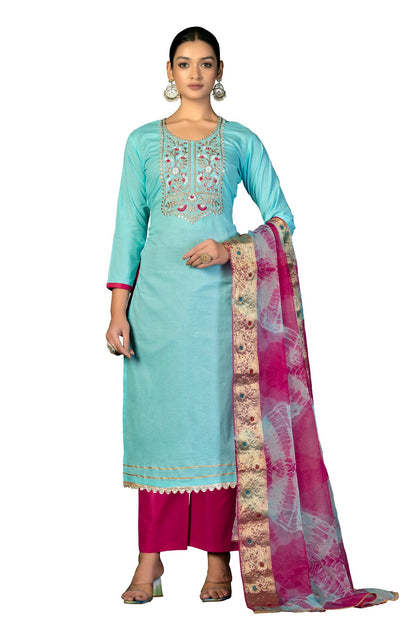 Sky Blue Colour Unstitched Cambric Cotton Fabric Straight Suit