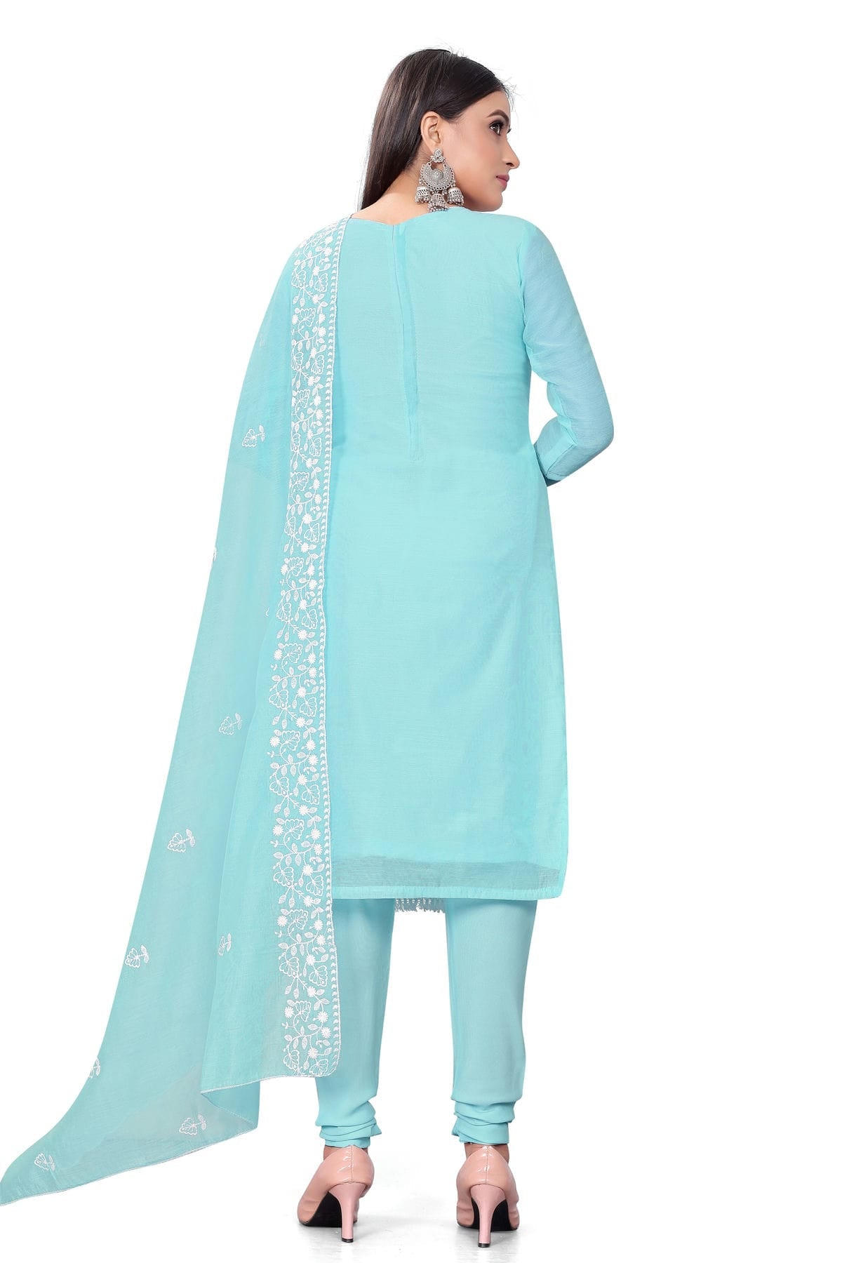 Sky Blue Colour Unstitched Chanderi Cotton Churidar Suit