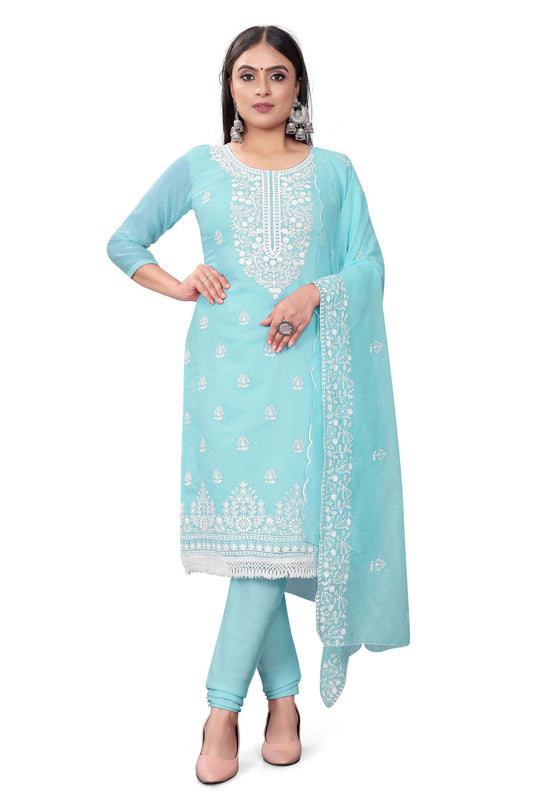 Sky Blue Colour Unstitched Chanderi Cotton Churidar Suit