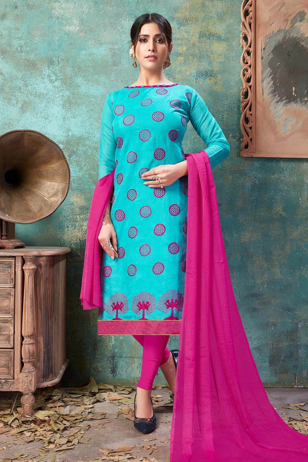 Sky Blue Colour Unstitched Chanderi Cotton Straight Suit