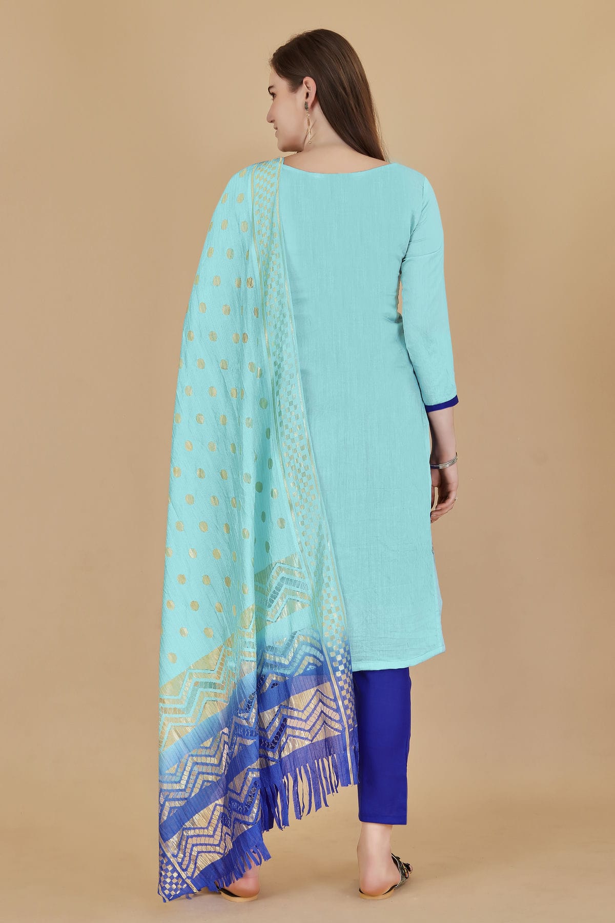 Sky Blue Colour Unstitched Cotton Jacquard Straight Suit