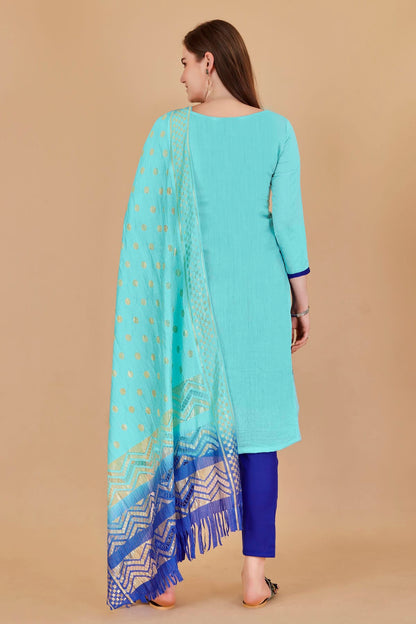 Sky Blue Colour Unstitched Cotton Jacquard Straight Suit