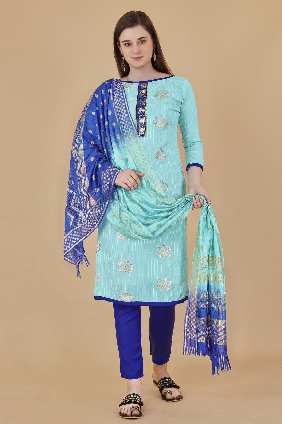 Sky Blue Colour Unstitched Cotton Jacquard Straight Suit