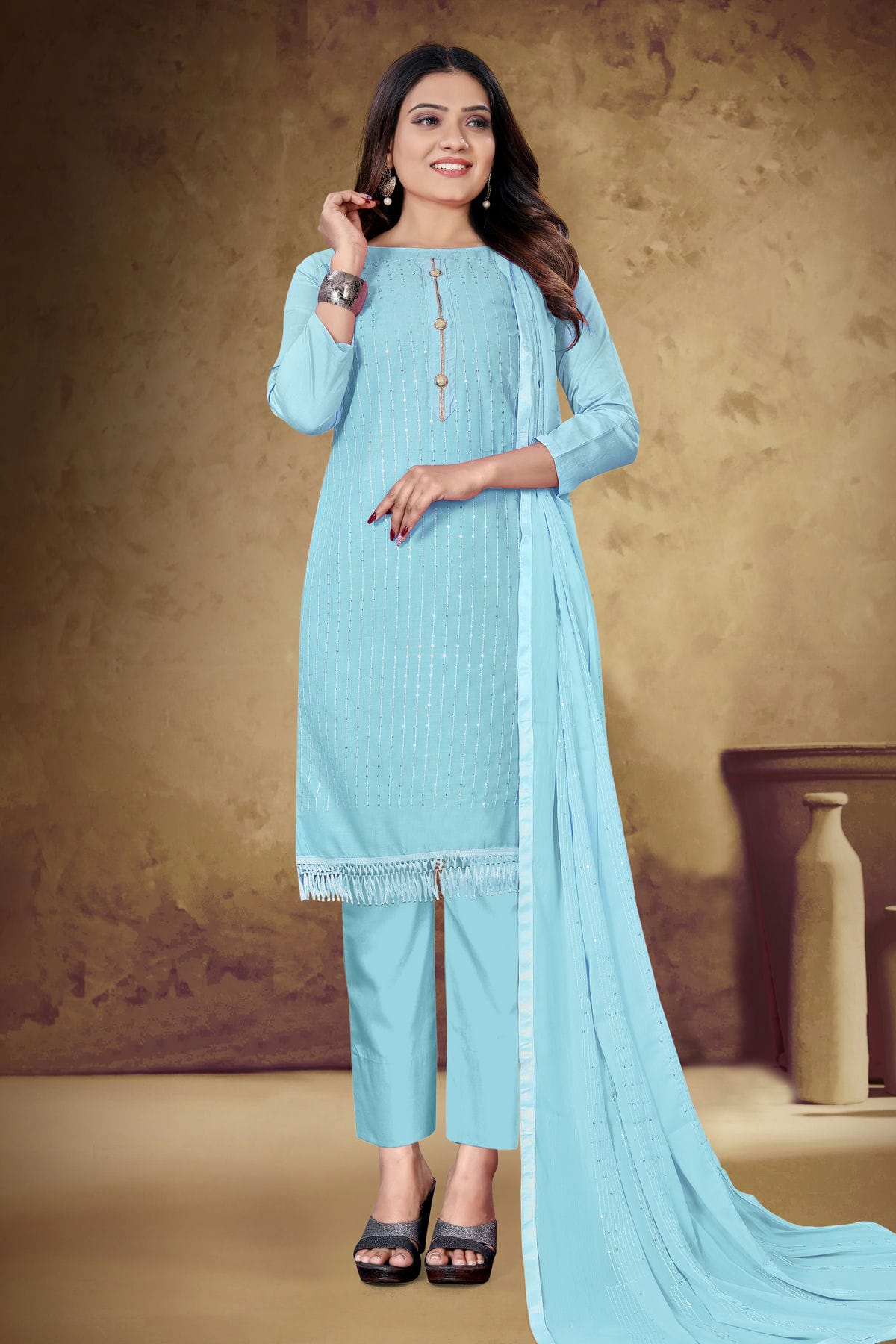 Sky Blue Colour Unstitched Cotton Pant Style Suit