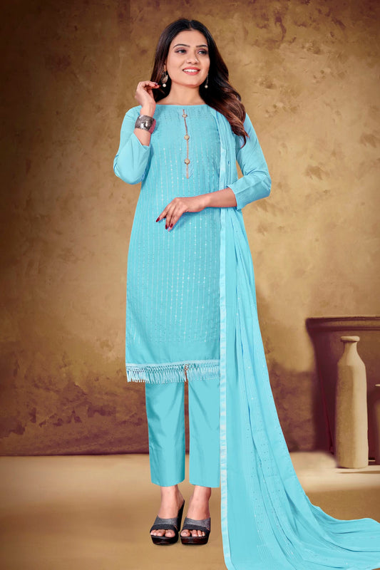 Sky Blue Colour Unstitched Cotton Pant Style Suit