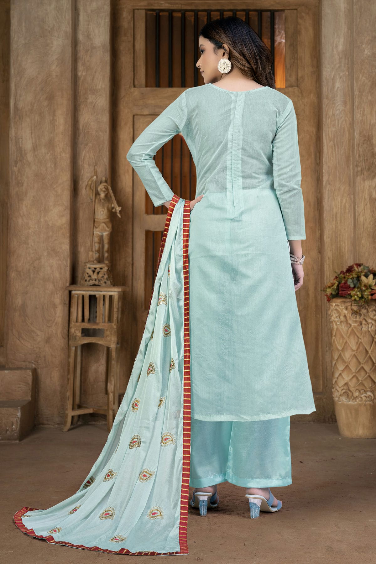 Sky Blue Colour Unstitched Cotton Plazzo Pant Suit