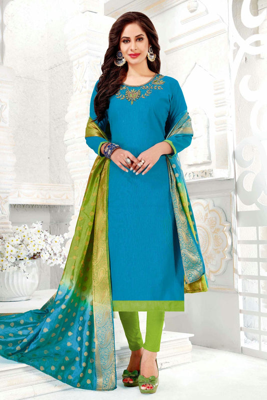 Sky Blue Colour Unstitched Cotton South Slub Straight Suit