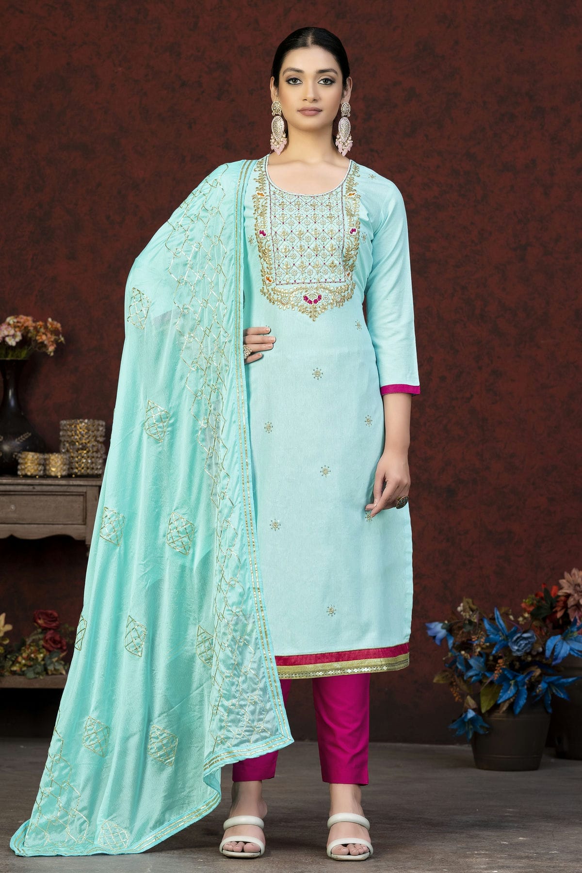 Sky Blue Colour Unstitched Glass Cotton Fabric Straight Suit