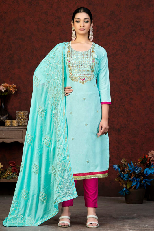 Sky Blue Colour Unstitched Glass Cotton Fabric Straight Suit