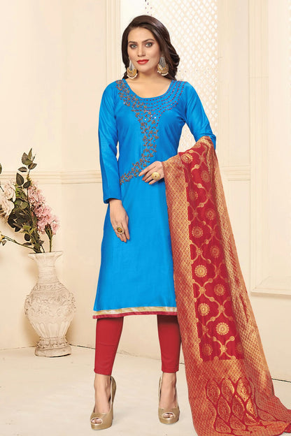 Sky Blue Colour Unstitched Jaam Cotton Fabric Straight Suit