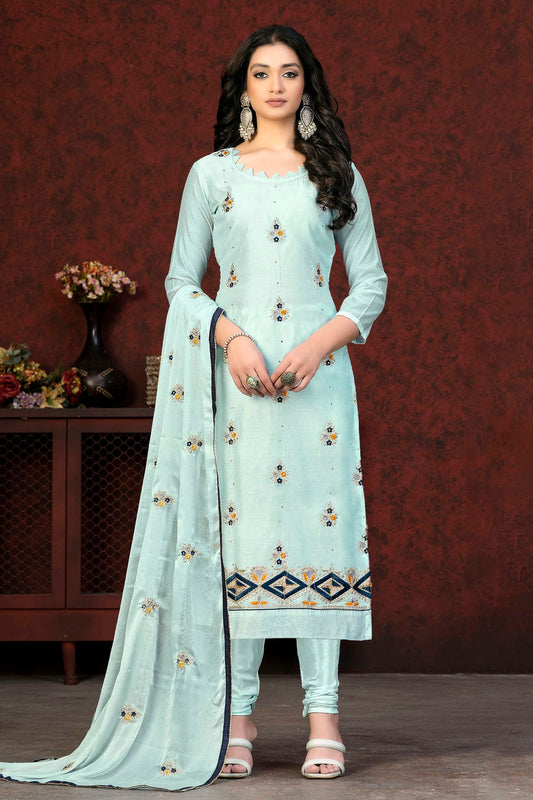 Sky Blue Colour Unstitched Modal Chanderi Churidar Suit