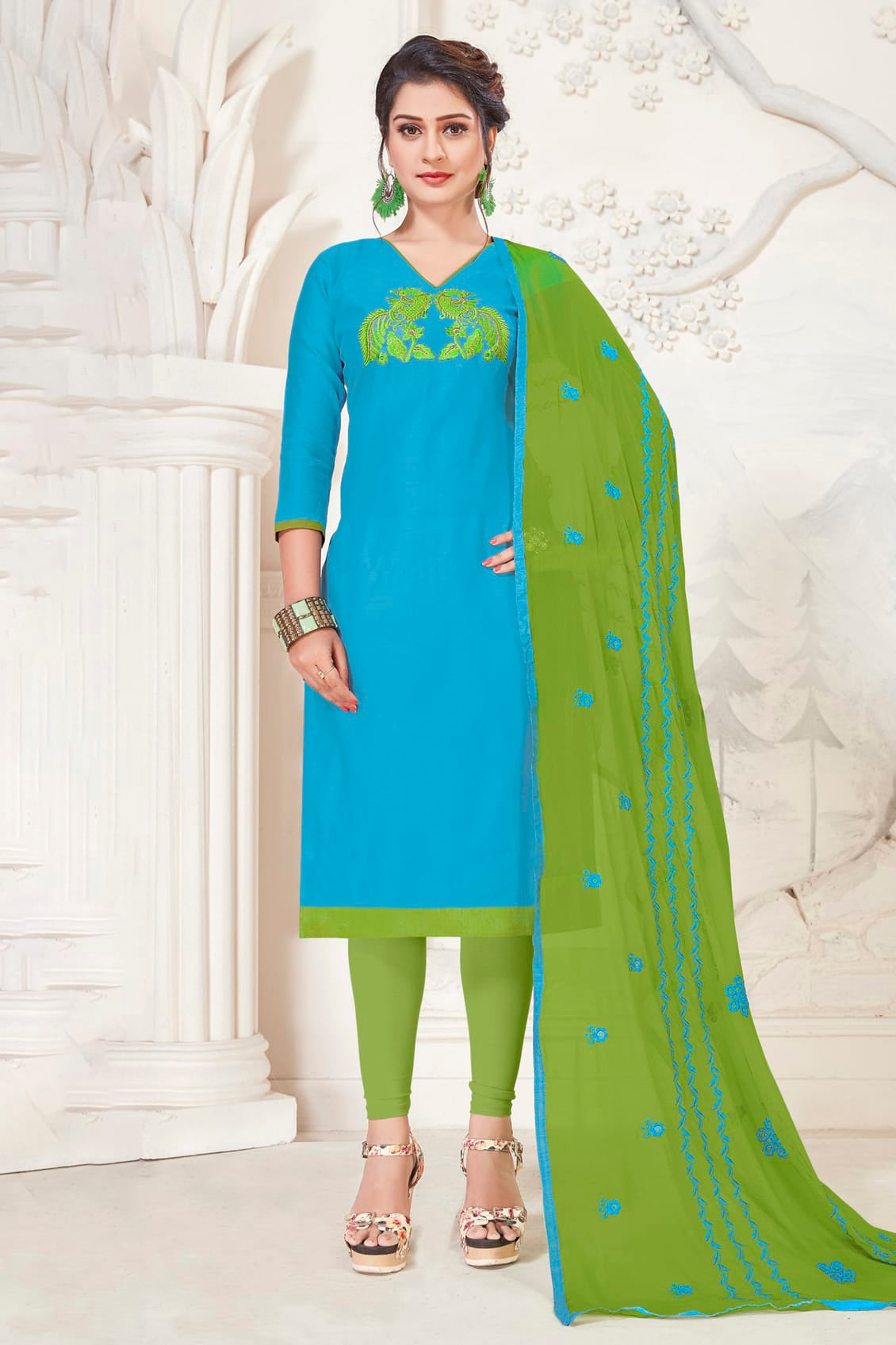 Sky Blue Colour Unstitched Modal Silk Churidar Suit