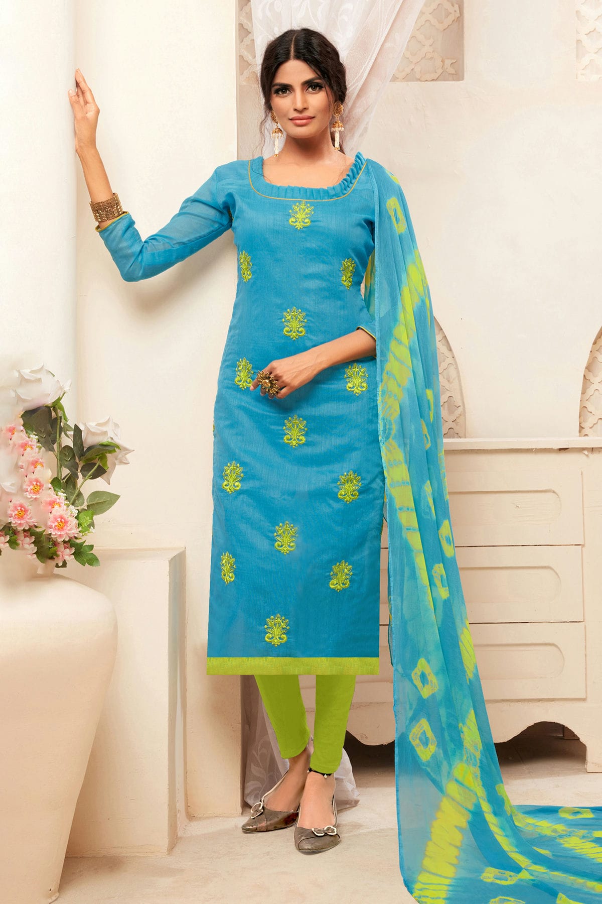 Sky Blue Colour Unstitched Modal Silk Straight Suit