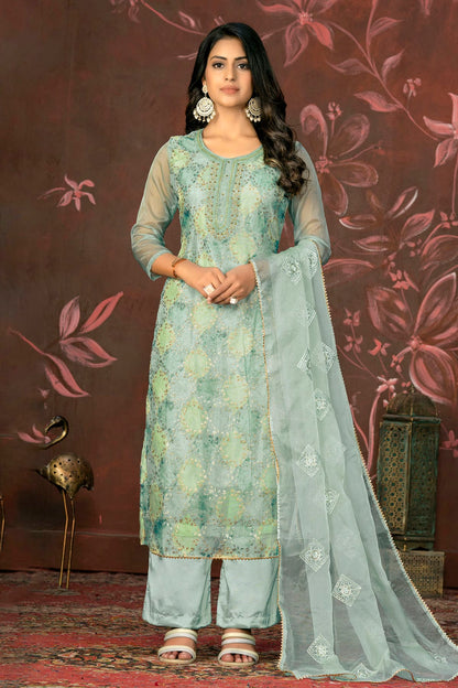 Sky Blue Colour Unstitched Pure Organza Straight Suit