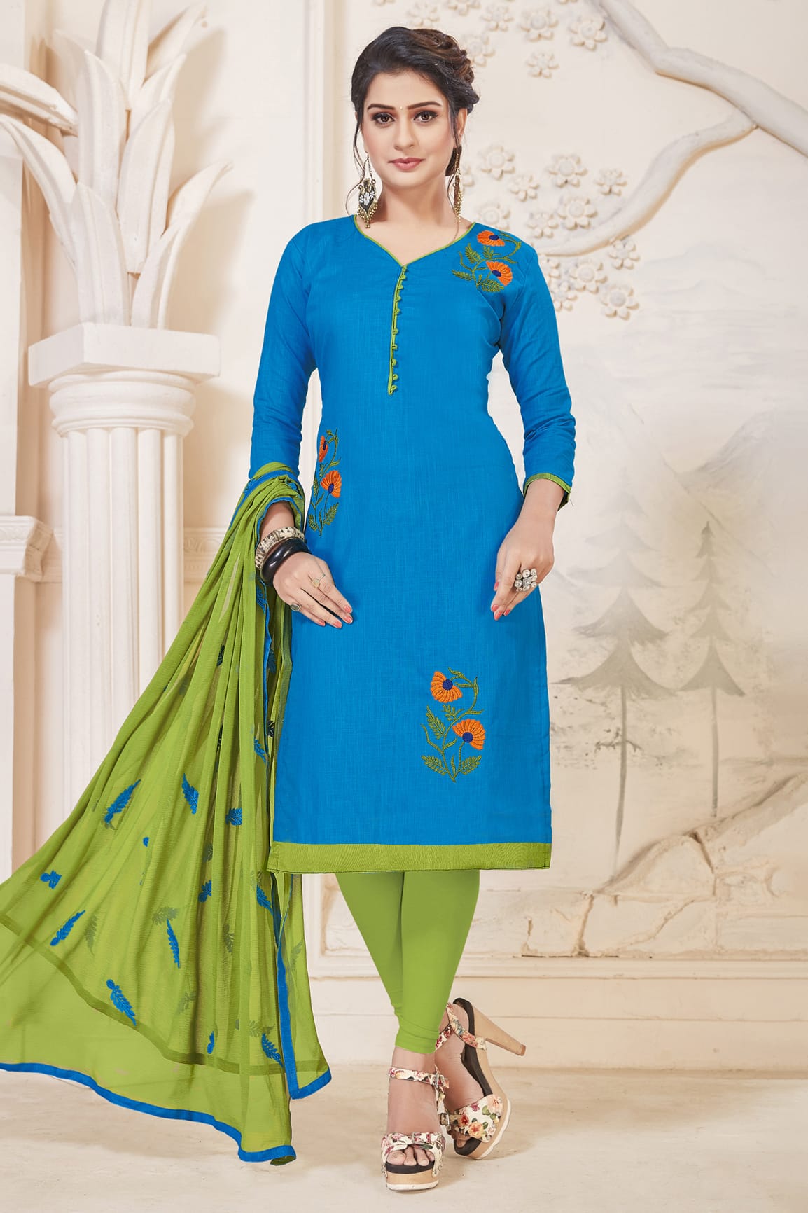 Sky Blue Colour Unstitched South Cotton Slub Churidar Suit