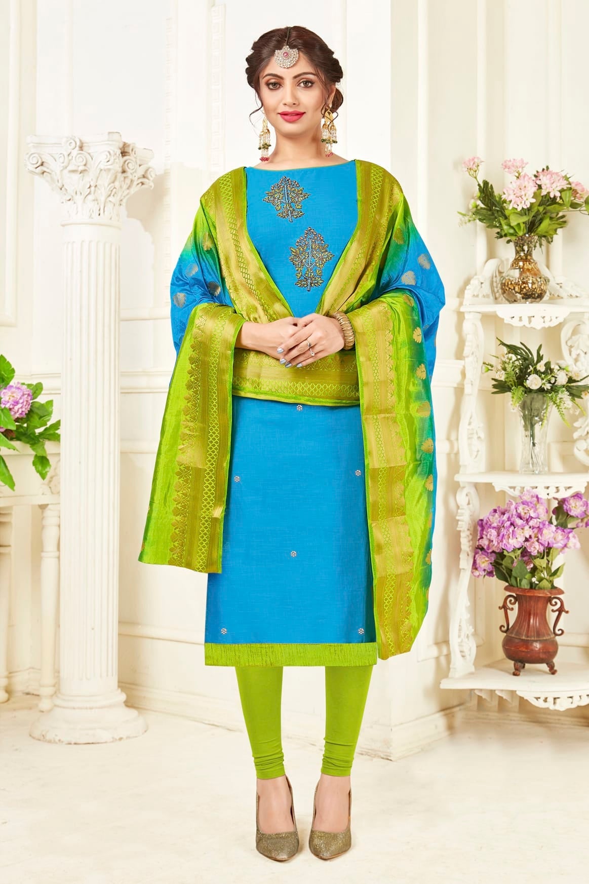 Sky Blue Colour Unstitched South Slub Cotton Straight Suit