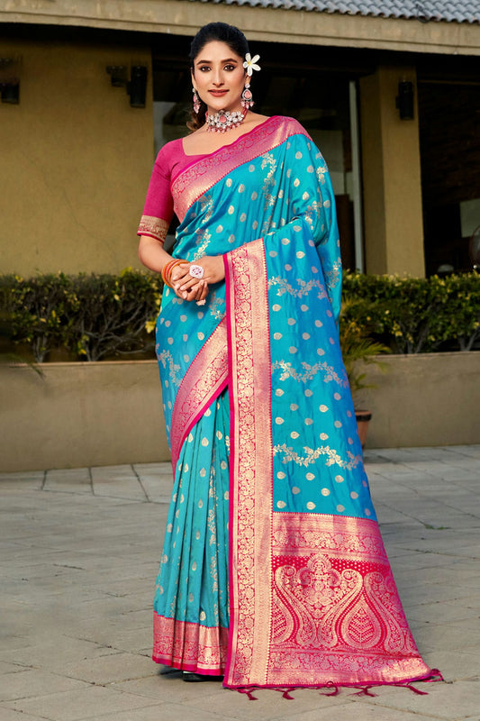 Sky Blue Colour Woven Work Banarasi Silk Saree