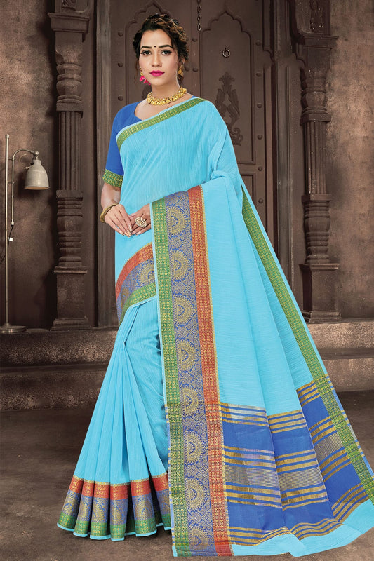 Sky Blue Colour Woven Work Cotton Handloom Saree