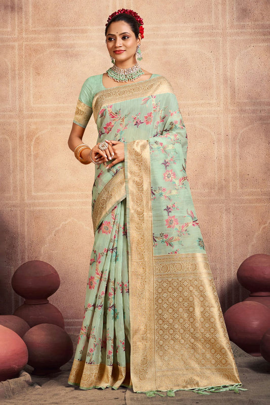 Sky Blue Colour Woven Work Cotton Saree