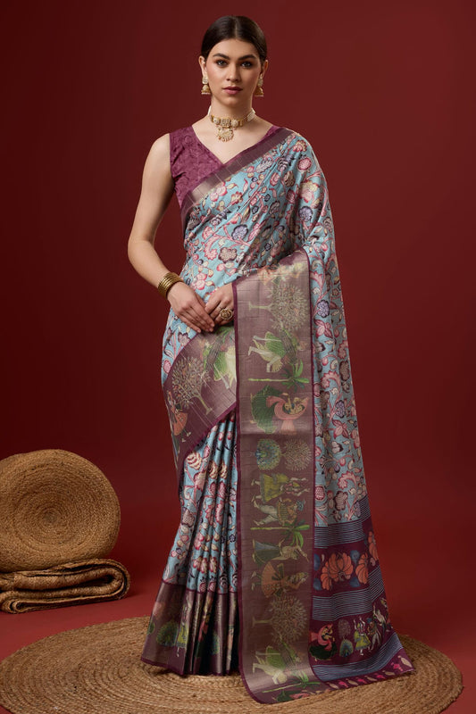 Sky Blue Colour Woven Work Cotton Saree