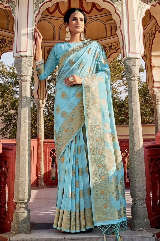 Sky Blue Colour Woven Work Linen Saree