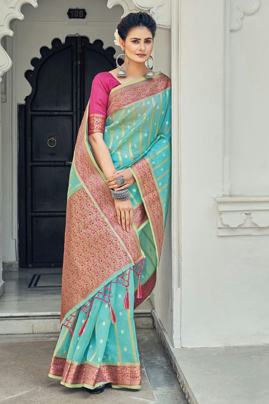 Sky Blue Colour Woven Work Organza Saree