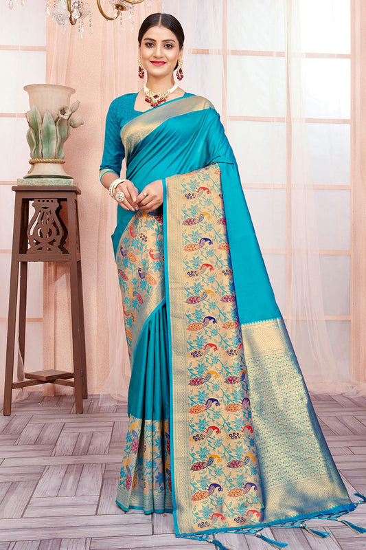 Sky Blue Colour Woven Work Paithani Silk Saree