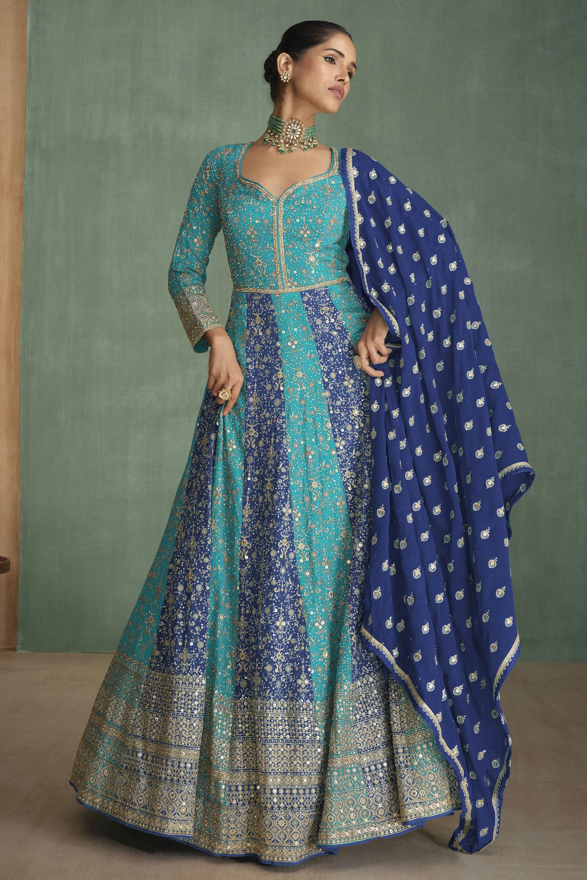 Sky Blue and Blue Colour Georgette Gown