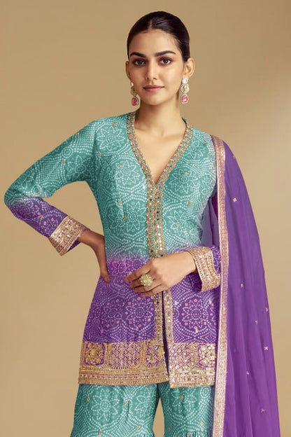 Sky Blue and Purple Colour Chinon Sharara Suit