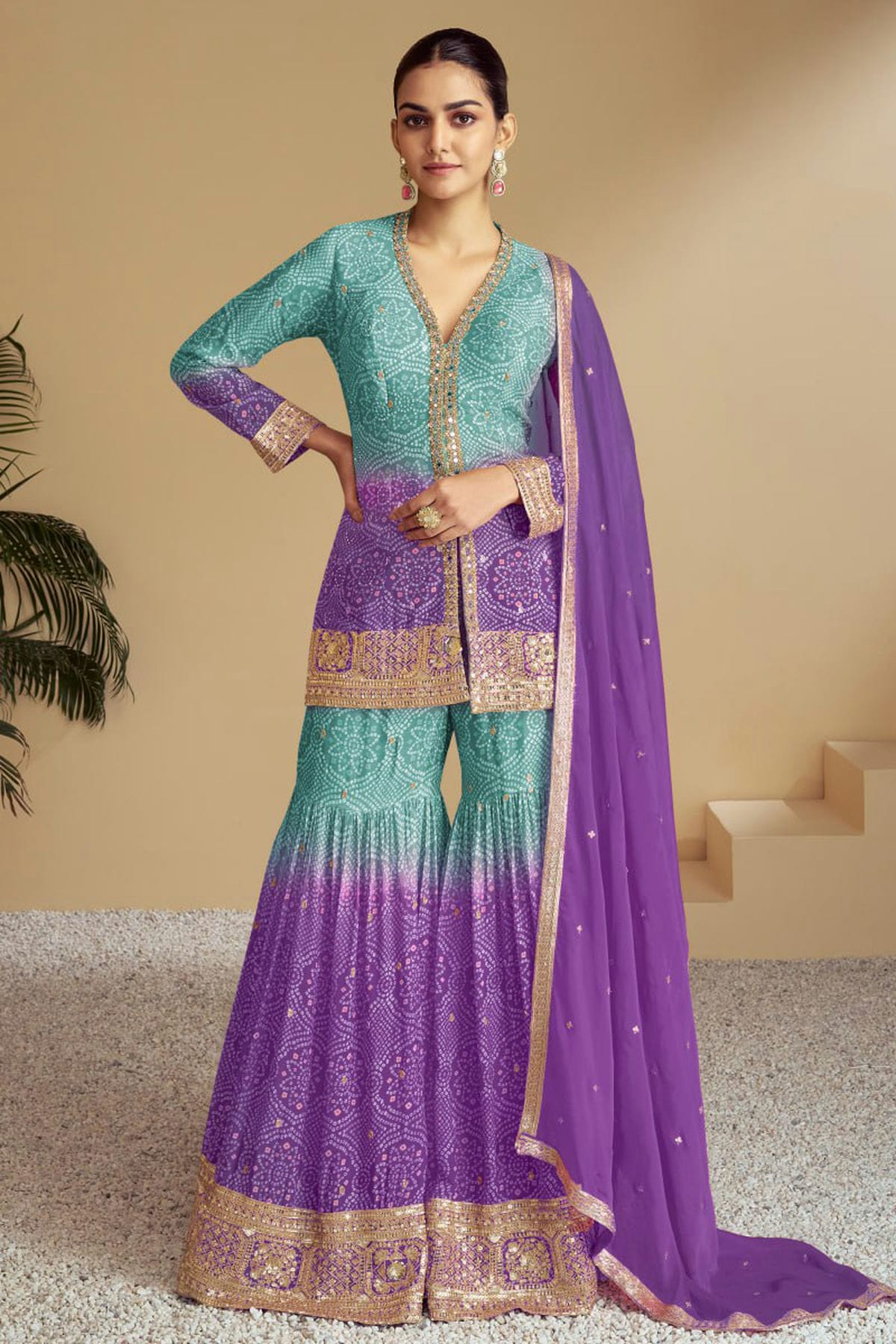 Sky Blue and Purple Colour Chinon Sharara Suit