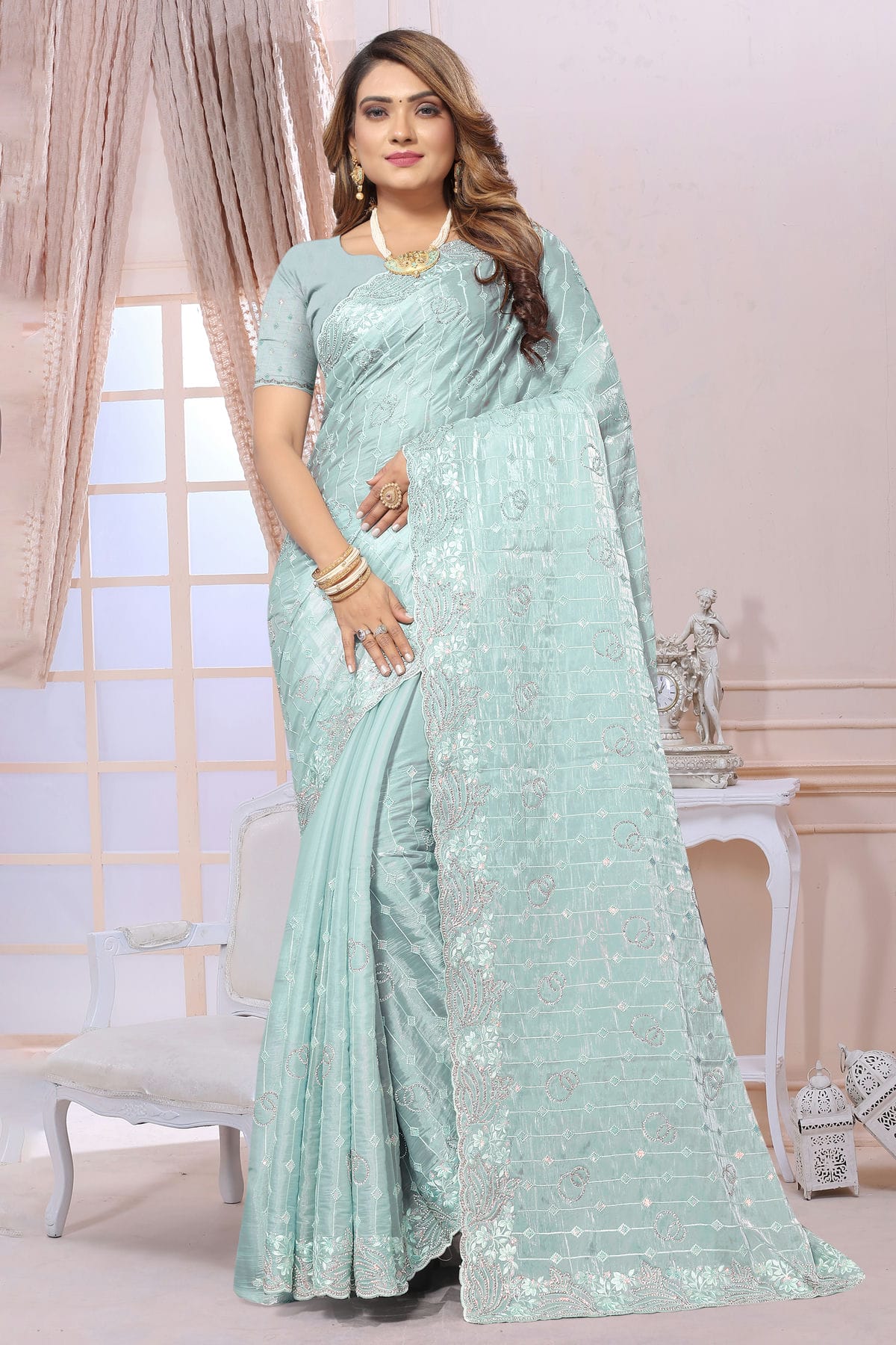 Sky Blue Colour Organza Saree