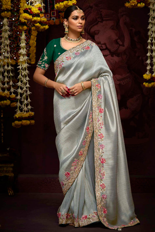 Slate Blue Colour Banarasi Kanjivram Designer Saree