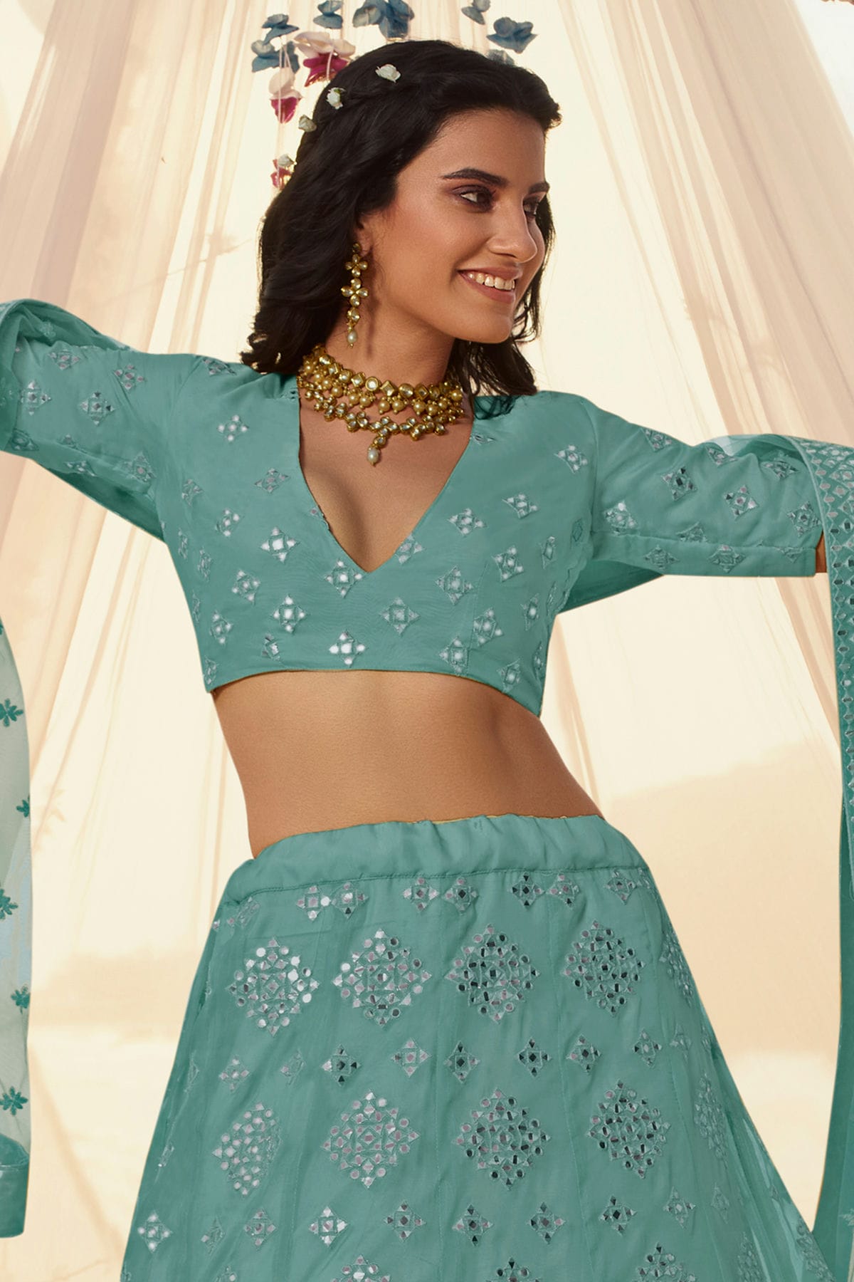 Slate Blue Colour Embroidery Organza Lehenga Choli