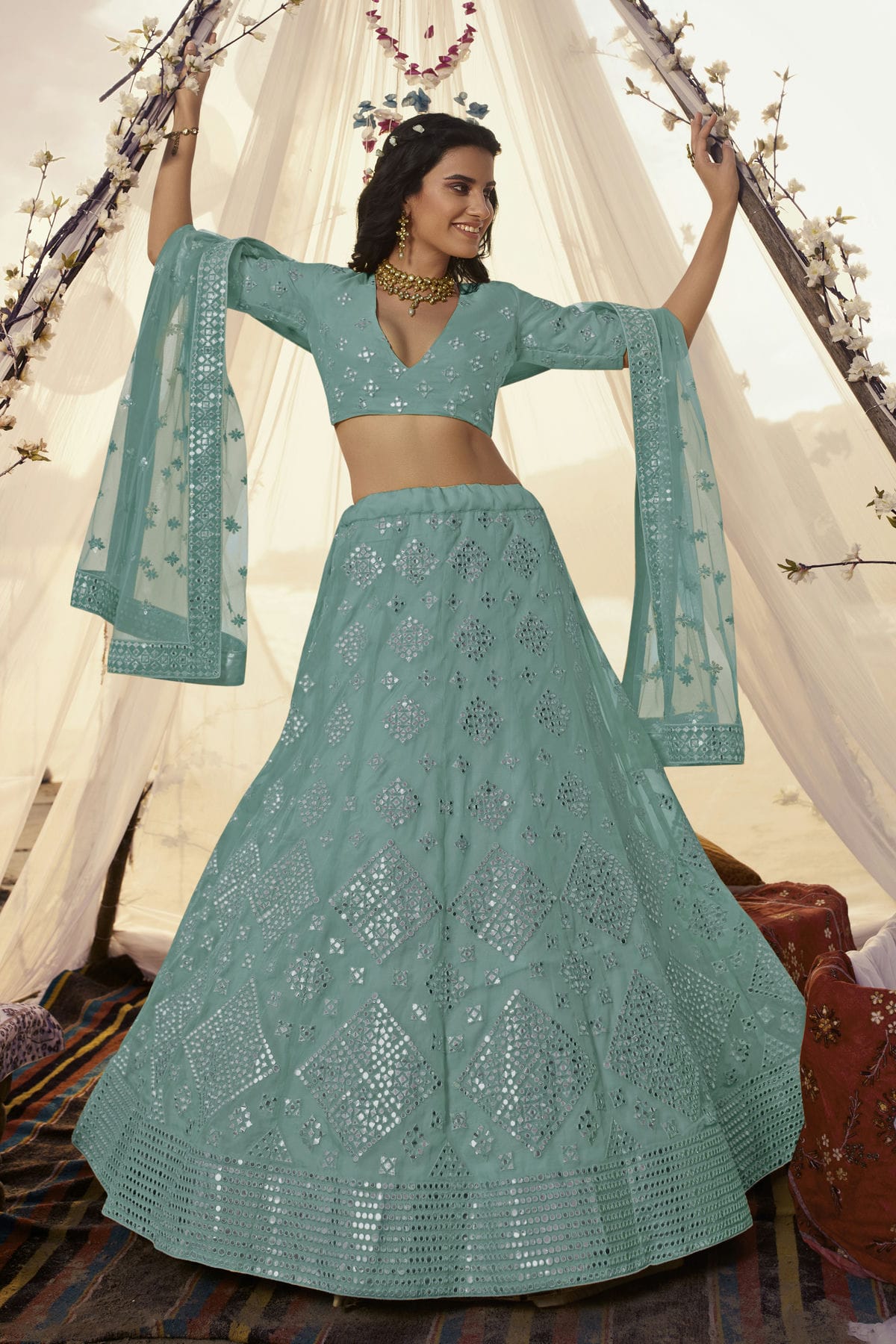 Slate Blue Colour Embroidery Organza Lehenga Choli