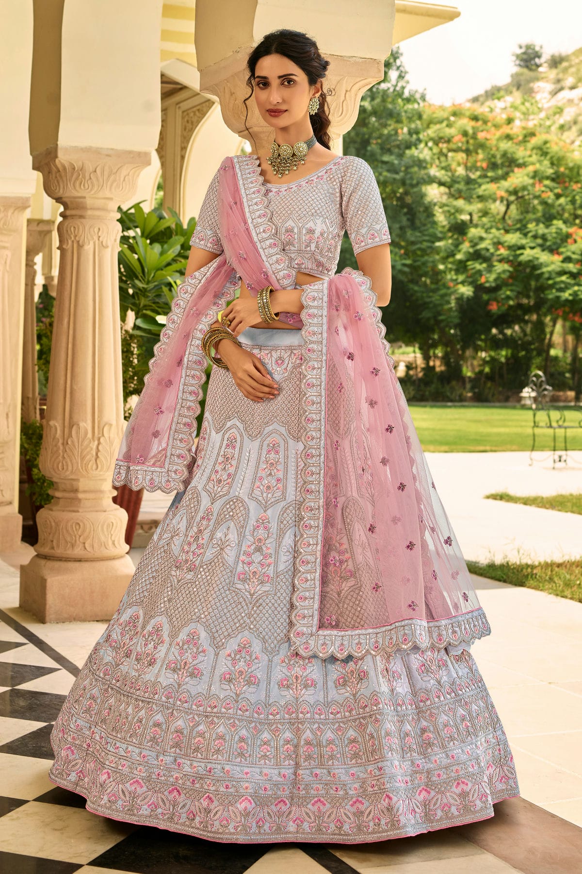 Slate Blue Colour Embroidery Organza Lehenga Choli