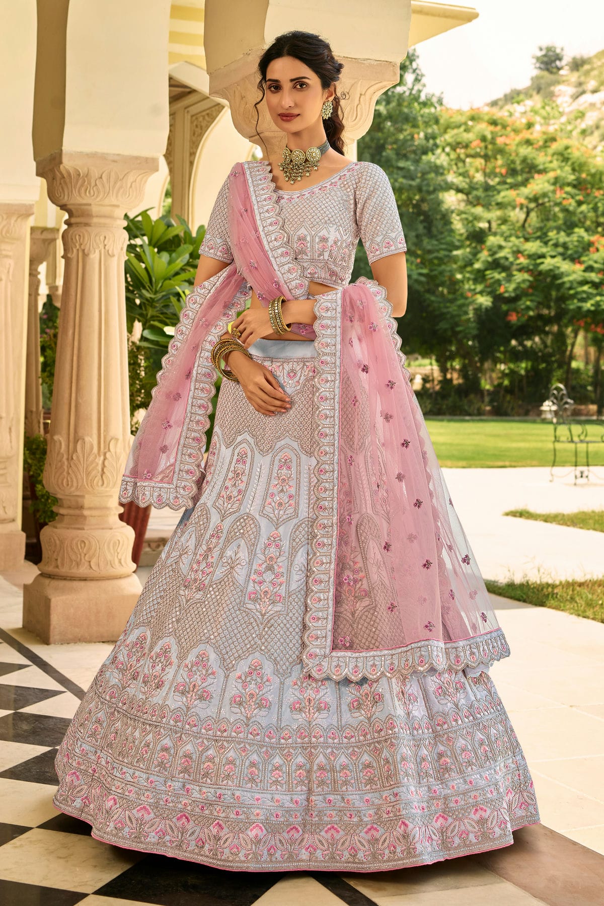 Slate Blue Colour Embroidery Organza Lehenga Choli