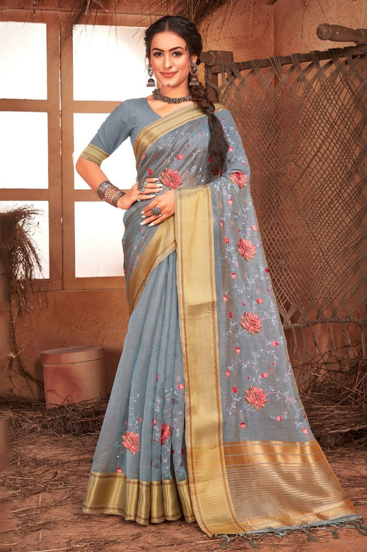 Slate Blue Colour Embroidery Work Organza Saree