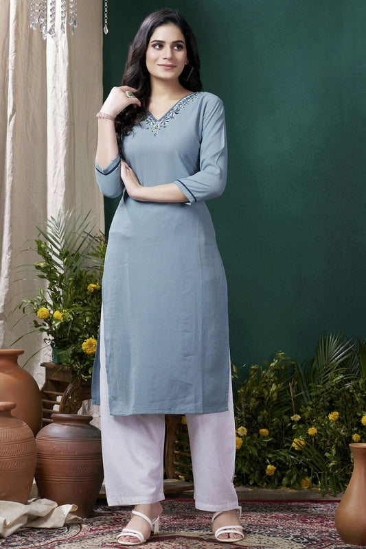 Slate Blue Colour Maaza Cotton Kurta And Pant Set