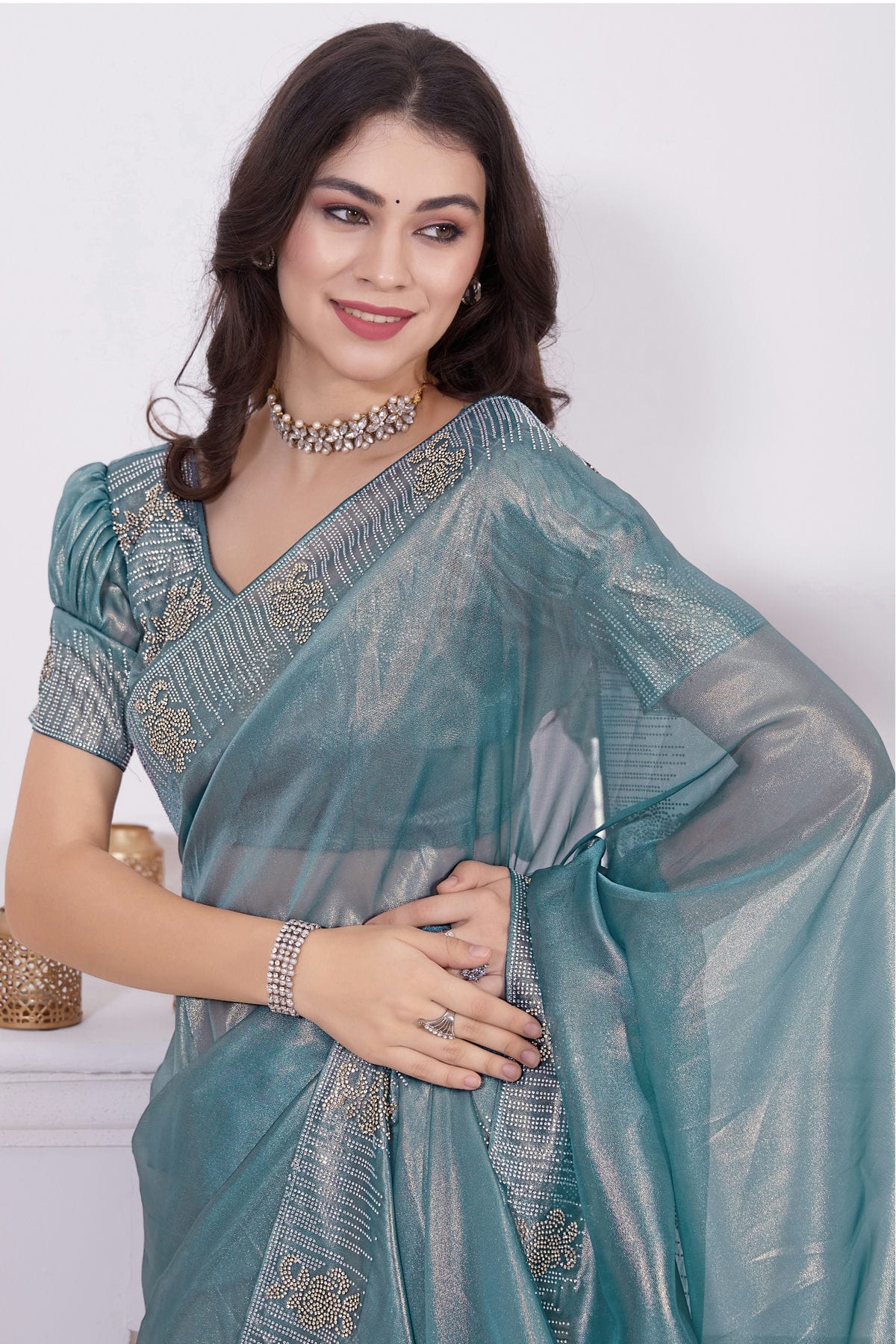 Slate Blue Colour Net Designer Saree