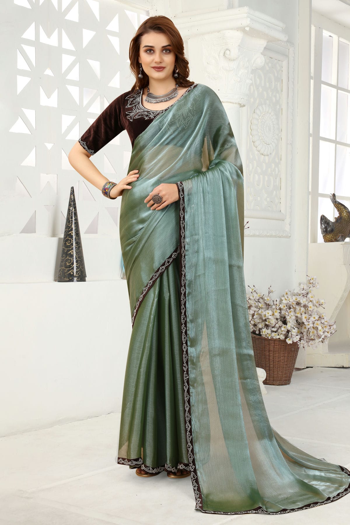 Slate Blue Colour Organza Designer Saree