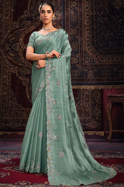 Slate Blue Colour Organza Designer Saree