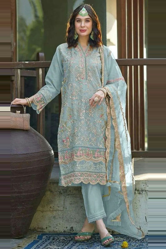 Slate Blue Colour Organza Pakistani Suit