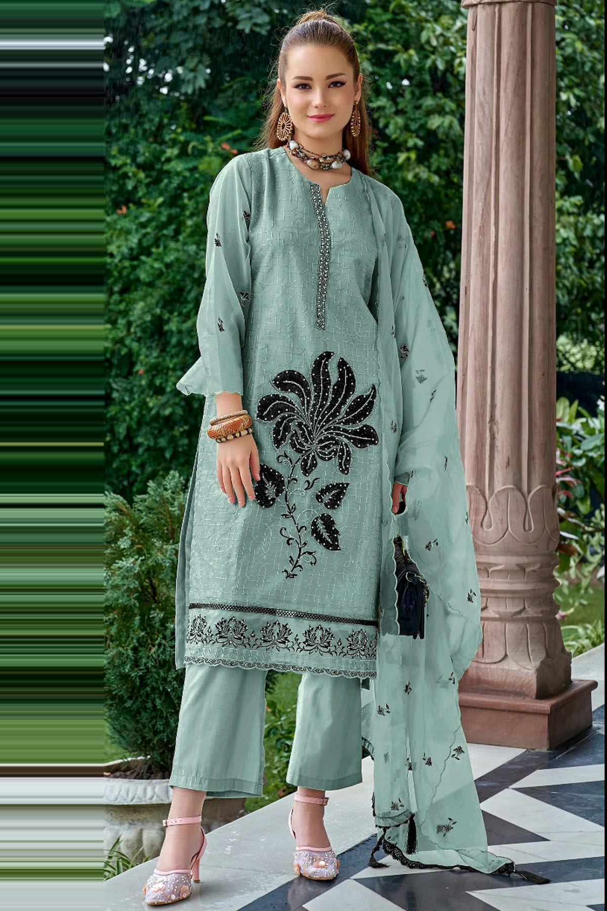 Slate Blue Colour Organza Pakistani Suit