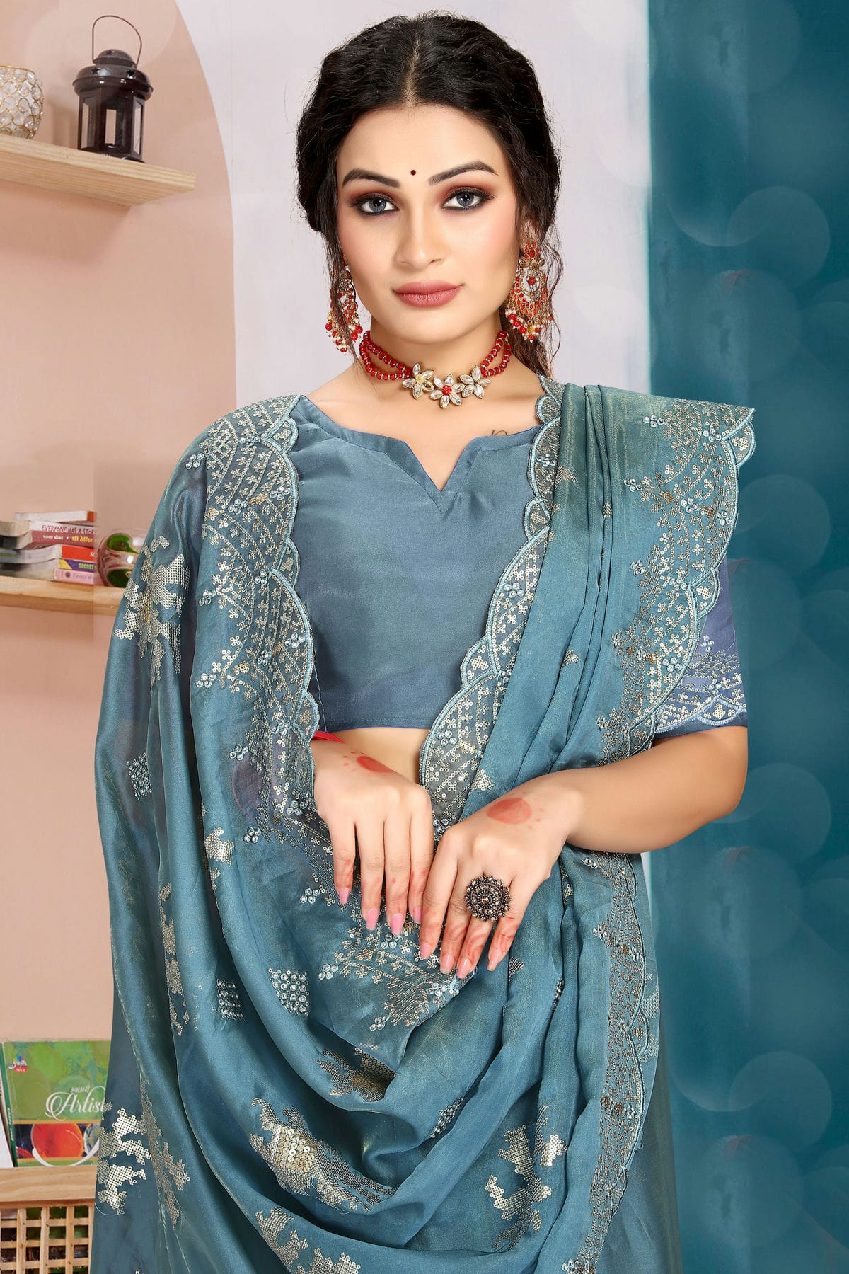 Slate Blue Colour Organza Silk Designer Saree