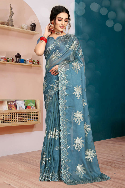 Slate Blue Colour Organza Silk Designer Saree