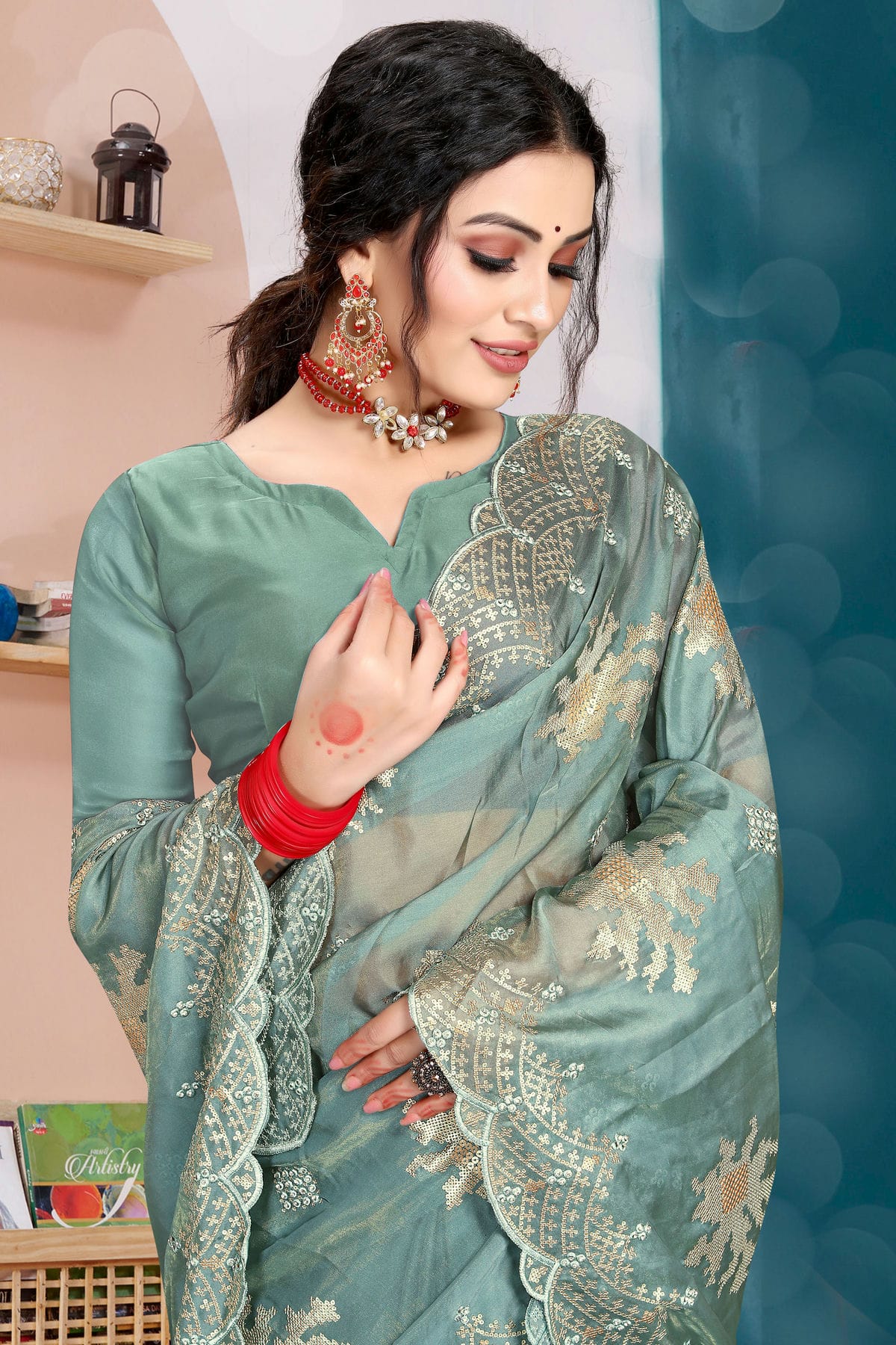 Slate Blue Colour Organza Silk Designer Saree