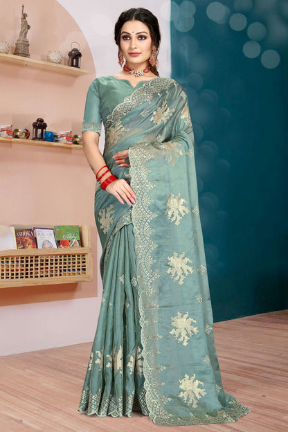 Slate Blue Colour Organza Silk Designer Saree